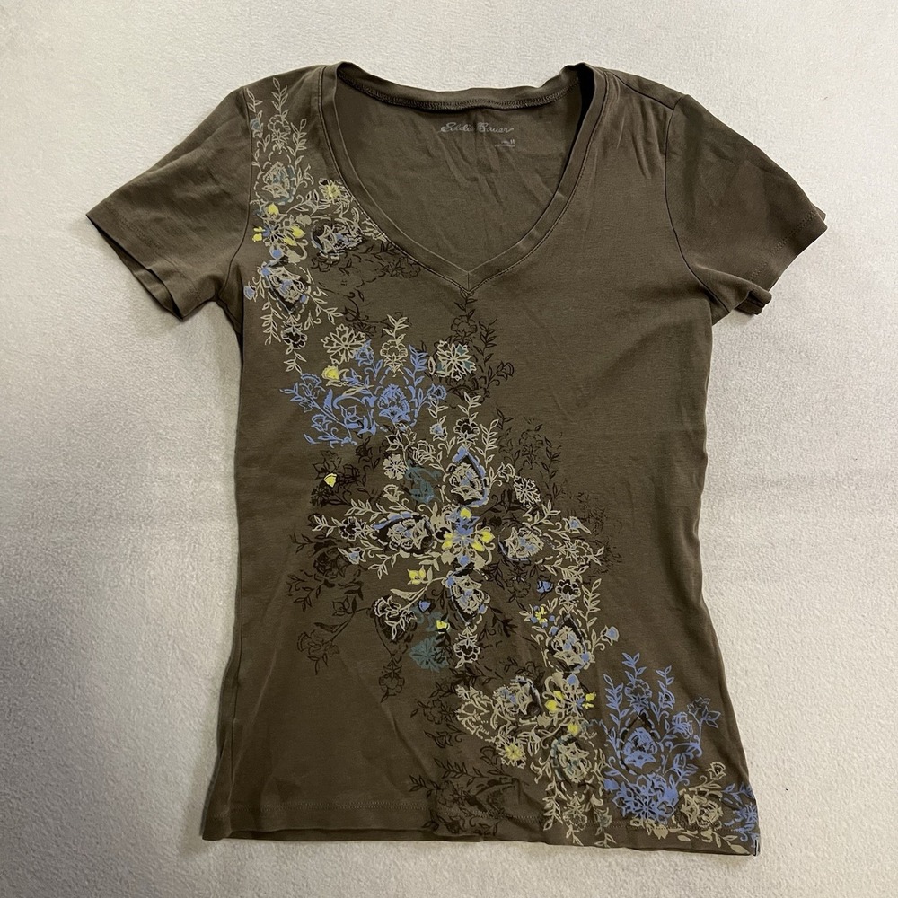 Eddie Bauer T-Shirt Women's Size Medium Brown Floral V-Neck Cap Sleeve